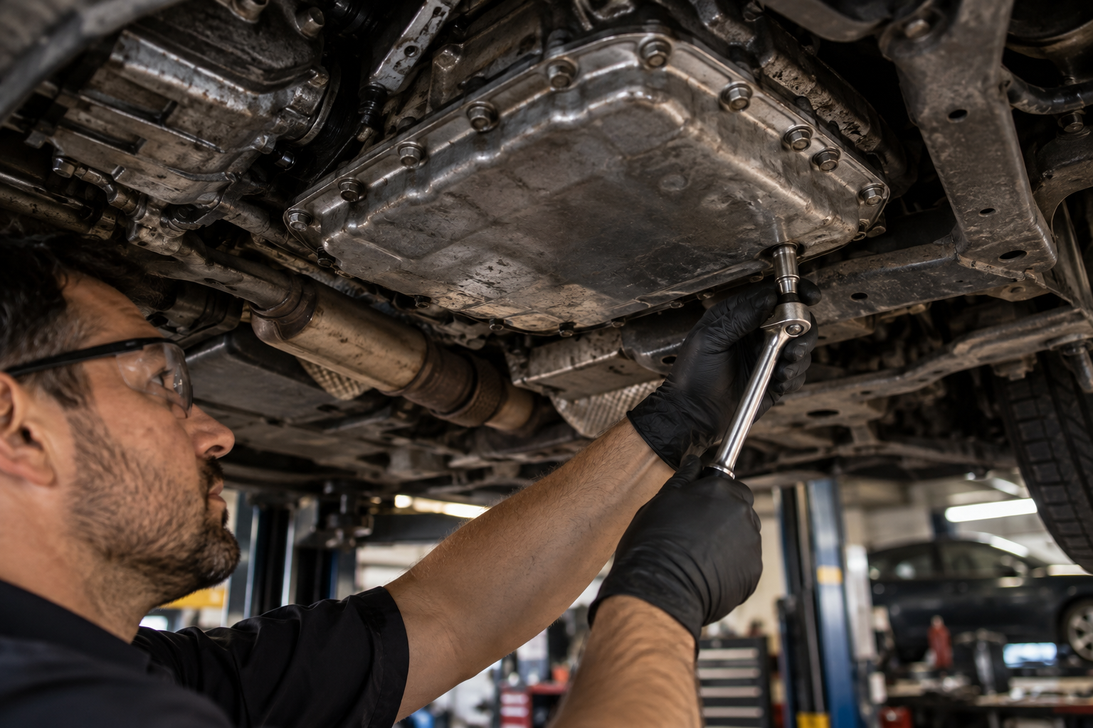 Técnico trabalhando na transmissão de um carro elevado — imagem ilustrativa